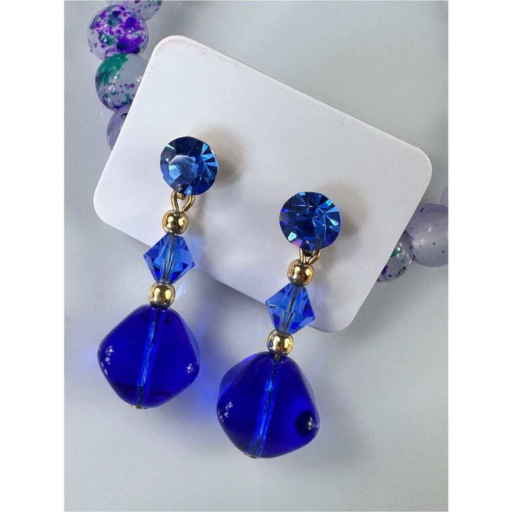 Vintage 1930’s Cobalt Blue Faceted Crystal Drop Earrings with Gold Accents